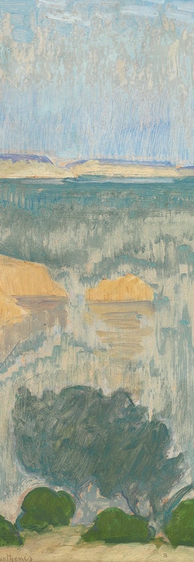 Corfu coastal landscape painting — olive trees, bay, and Ionian light